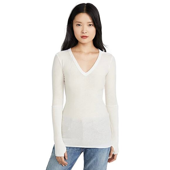 Enza Costa Tops - ENZA COSTA Shirt Womens Medium Cream Cashmere V-neck Cuffed Long Sleeve Top NWOT